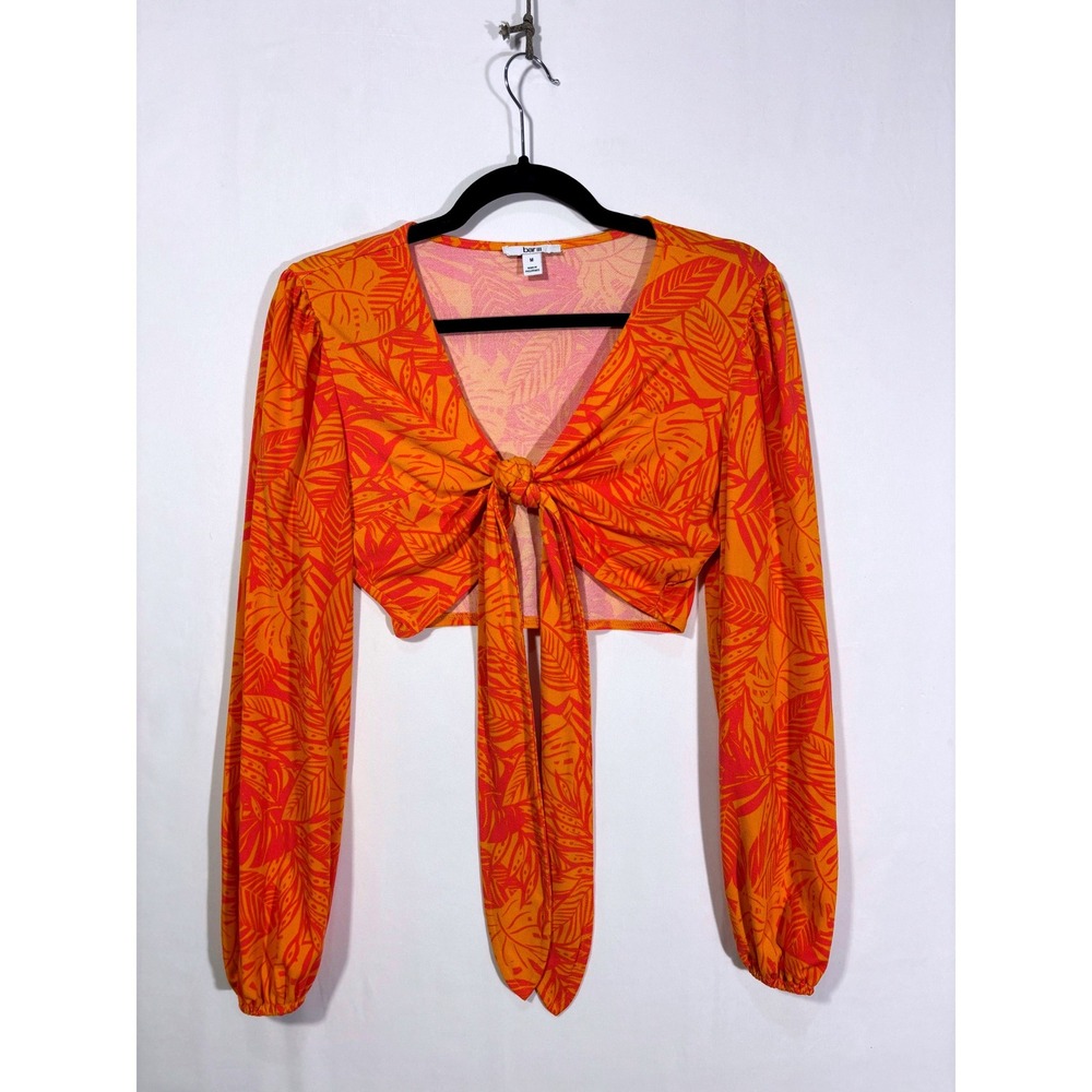 Boho Tropical Vacation Bar III Front Tie Crop Top Women Medium Orange Pink
